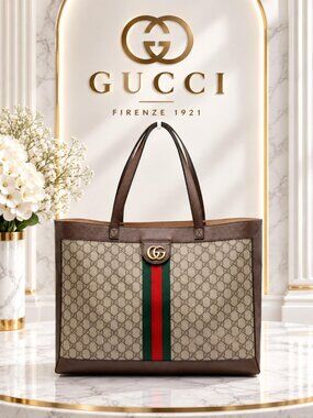 Authentic Gucci Ophidia GG Supreme Canvas Large Tote Bag Web Stripe Shoulder Bag